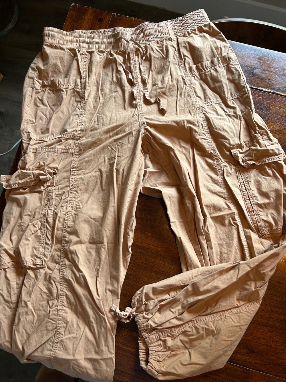 Women’s Tan Cargo Jogger Pants - Casual Drawstring Waist Parachute Pants